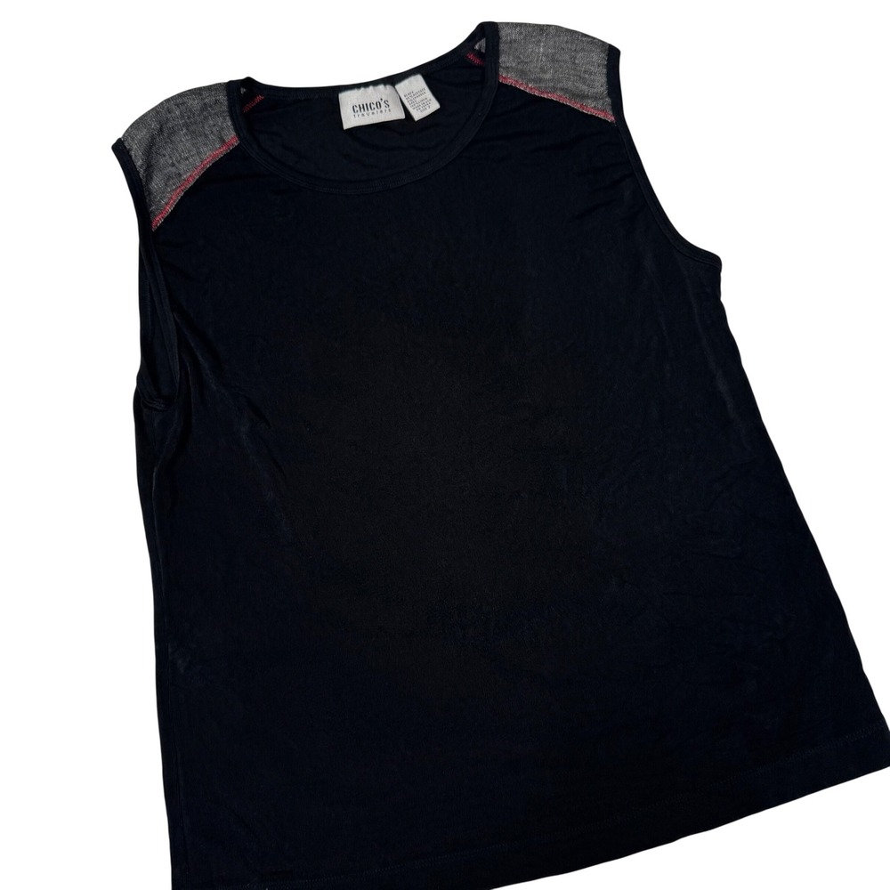 Chico's Tank Top Women Size 2 Black Travelers Sleeveless Linen Trim Minimalist